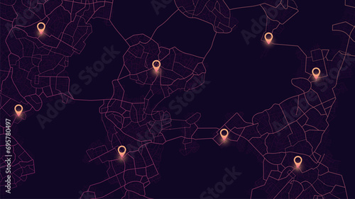 The path from a points to the intended goals, destinations, signs. roads throughout map. Navigation mapping technology for obtaining data on distance and turns of the path. location tracks dashboard