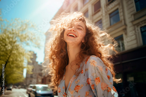 Happy girl on the street of a big city. Cheerful girl laughs in the middle of a big avenue