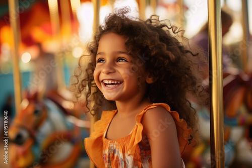 Cute little girl child playing on carousel at amusement park. © Niks Ads