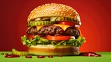 Cheese Burger, center, studio photos, red background