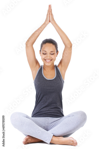 Happy woman, meditation and prayer hands in studio for mindfulness, yoga and holistic workout or mind wellness. Young person with namaste pose for peace, zen exercise or balance on a white background