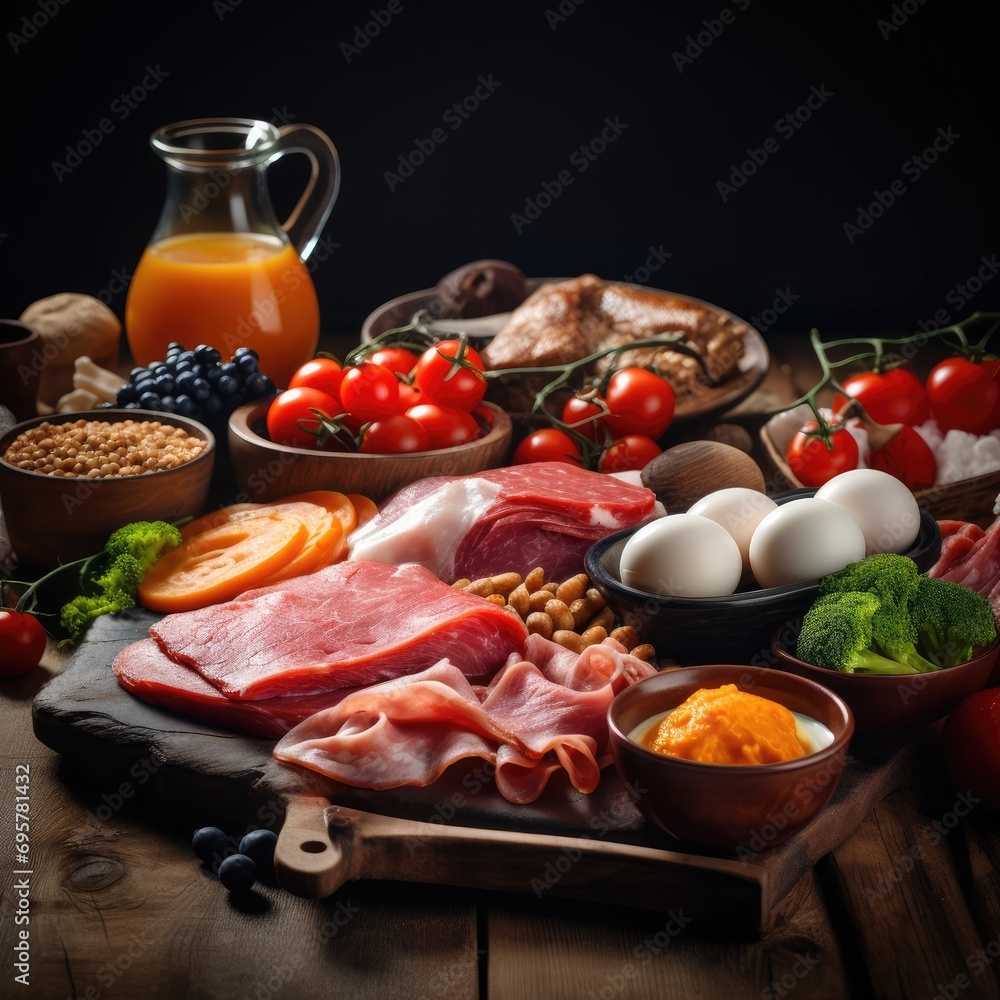 Protein-Rich Morning Delight: Vivid Close-up Framing of Backlit Ingredients, Sharp Focus on Nutritionally Balanced Plate, Utensils, and Textured Foods, Revealing the Essence of High-Protein Breakfast 