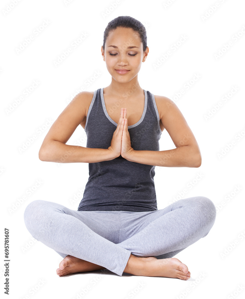 Woman, yoga and prayer hands in studio for mindfulness, meditation and holistic workout or mental health wellness. Person with hands together for peace, zen and spiritual faith on a white background Woman, yoga and prayer hands in studio for mindfulness, meditation and holistic workout or mental health wellness. Person with hands together for peace, zen and spiritual faith on a white background