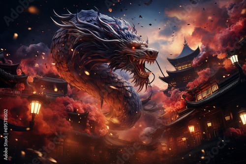 Realistic Chinese Magic Fantasy Dragon Flying through a Night Sky over a Chinese City on Chinese New Year 2024, Enigmatic Nocturne of Lunar Wonder and Urban Charm