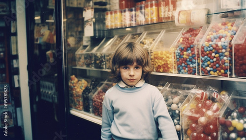 Vintage photo from the 60s,70s with a child in a candy shop. Boy In Candy Store Retro. Candies and sweets inside a store