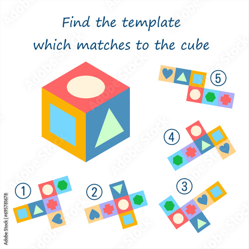 Logic puzzle game for kids. Find the template which matches to the cube. 3D maze. Printable worksheet for brain teaser book. Developing spatial thinking. IQ test.