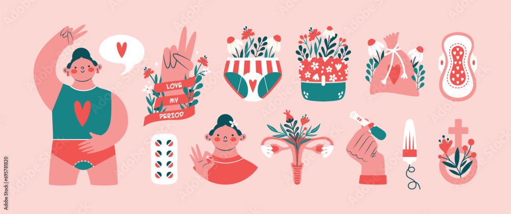 Big set of vector illustrations to women's period. Cute stickers with woman, hand showing victory gest, panties with flowers, female pad, tampon, feminine hygiene products, female sign. Flat design. - obrazy, fototapety, plakaty 