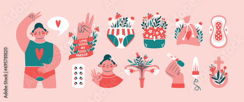 Big set of vector illustrations to women's period. Cute stickers with woman, hand showing victory gest, panties with flowers, female pad, tampon, feminine hygiene products, female sign. Flat design.