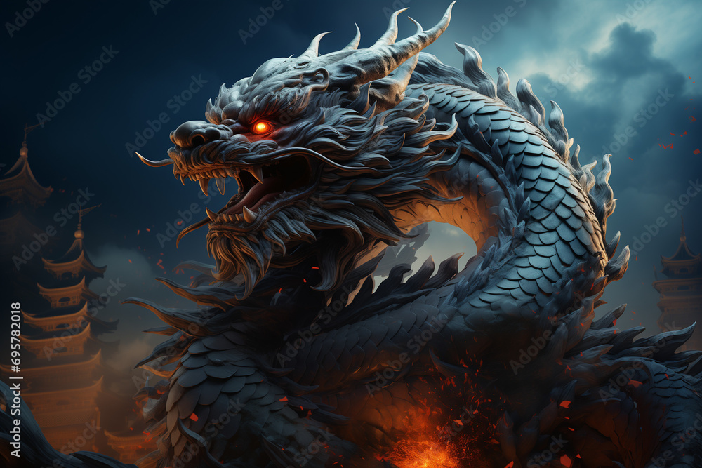Realistic Chinese Magic Fantasy Dragon Flying through a Night Sky over a Chinese City on Chinese New Year 2024, Mystical Soar Amidst Nocturnal Lunar Revelry Realistic Chinese Magic Fantasy Dragon Flying through a Night Sky over a Chinese City on Chinese New Year 2024, Mystical Soar Amidst Nocturnal Lunar Revelry