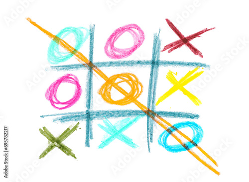 Photo grunge hand draw, scribble hatching, colorful  tic tac toe XO game, wax pastel, crayon isolated on white, clipping path photo