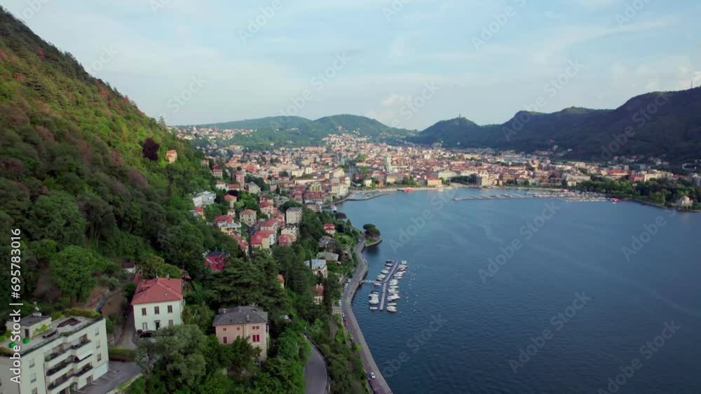 Aerial toward villas in the mountainside town of Como, Italy Aerial toward villas in the mountainside town of Como, Italy
