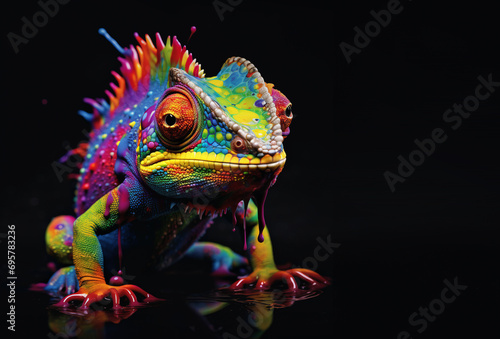 Chameleon rainbow fluid oil paint on black background. Studio shot