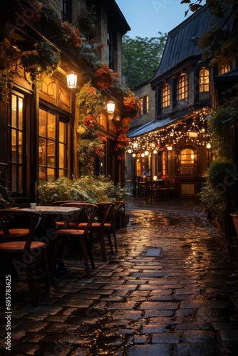 Cozy alleyway lined with pubs and eateries, creating an inviting ambiance in the evening, Generative AI © Shooting Star Std