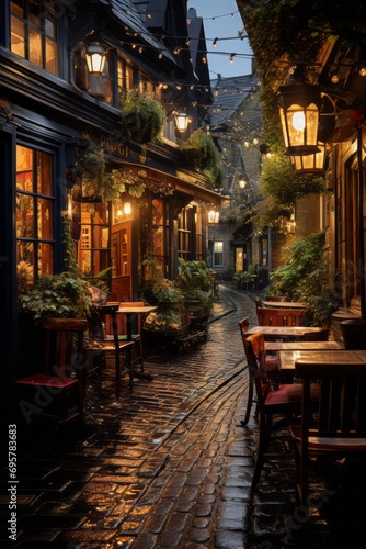 Cozy alleyway lined with pubs and eateries, creating an inviting ambiance in the evening, Generative AI © Shooting Star Std