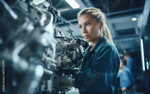 Young female mechanic working at manufacturing plant.