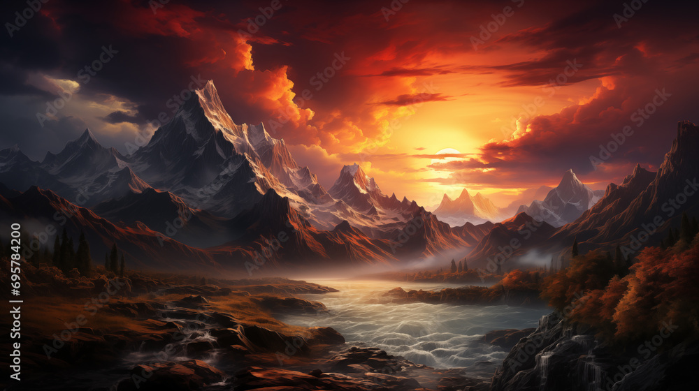 Fototapeta premium Sunset at the mountain, magical landscape