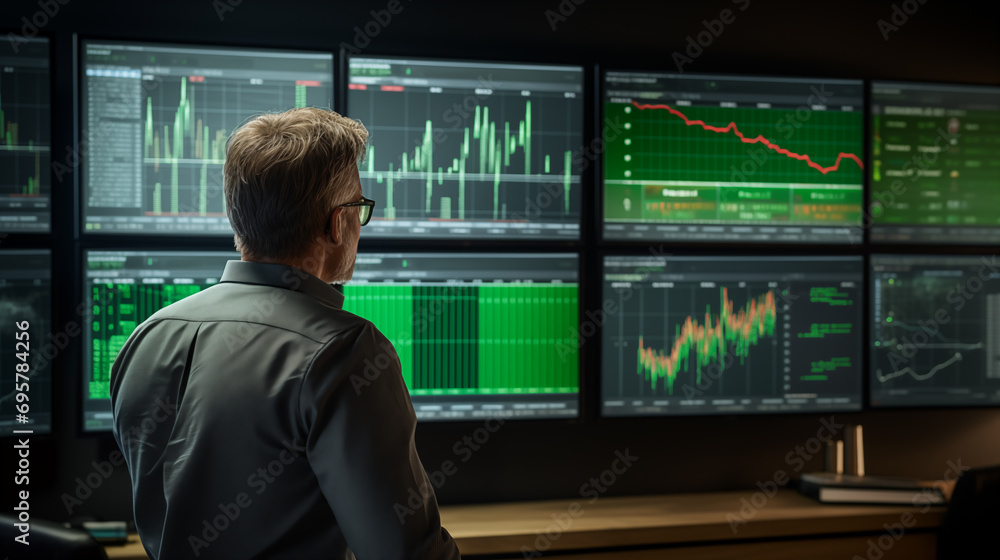 A man standing in front of a wall of computer screens. The screens are displaying various data visualizations, including graphs, charts, and maps A man standing in front of a wall of computer screens. The screens are displaying various data visualizations, including graphs, charts, and maps