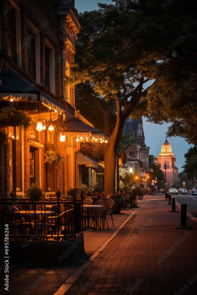 Fototapeta premium Historic downtown district filled with charming eateries and pubs at dusk, Generative AI