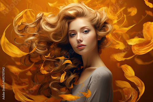 Attractive redhead woman model symbolizing autumn season with bright colours