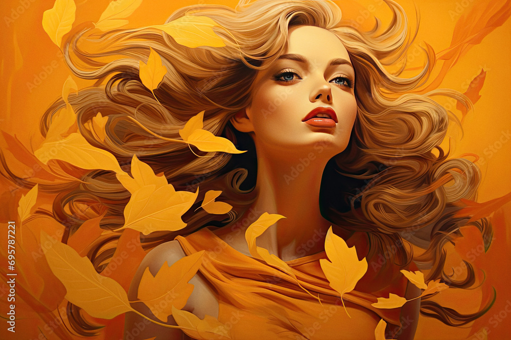 Attractive redhead woman model symbolizing autumn season with bright colours