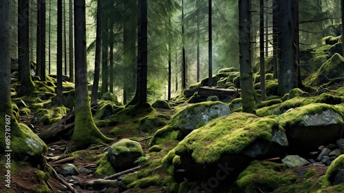wilderness landscape forest with pine trees and moss