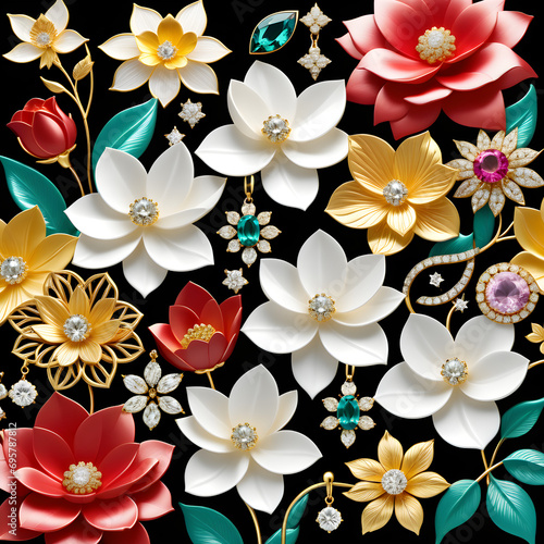 Captivating flower illustration with crystals  jewelry  and gold  embodying elegance and charm. Harmonizing beauty and radiance in a graphic masterpiece. Generative AI  