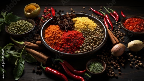 spices and ingredients inside a bowl on black background, in the style of wood, innovative page design, collage elements, aerial view, lively tableaus, 3840x2160, red and black photo