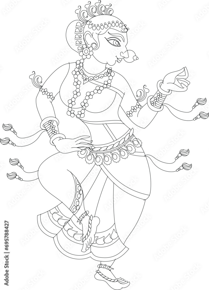 Fototapeta premium Lord's Servant, Gopika, or Sevika, have drawn in Indian folk art, Kalamkari style. Pattachitra from Osiasha, India. for textile printing, logo, and wallpaper.