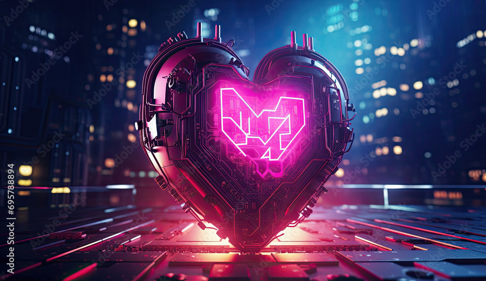 Cyberpunk high-tech neon glowing heart cyber love concept - obrazy, fototapety, plakaty 