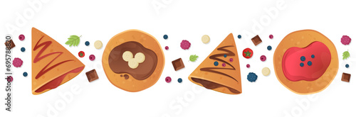 Bannière de crêpes garnies pour la Chandeleur - Fête des crêpes - Illustrations vectorielles délicieuses et appétissantes - Crêpes garnies au chocolat, confiture et fruits - Décoration joyeuse