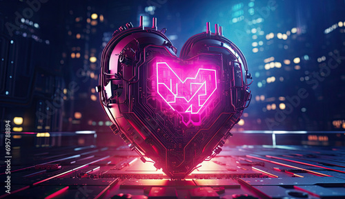 Cyberpunk high-tech neon glowing heart cyber love concept
