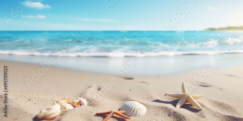 Savor a summer vacation on the Golden sand meets the tranquil blue sea, creating a summer beach backdrop with sunlights shimmering.