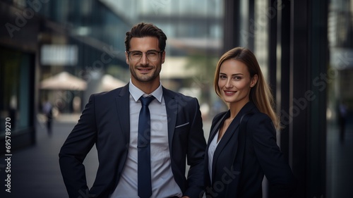 horizontal portrait image of a young business woman and a young business man smiling in the street AI generated