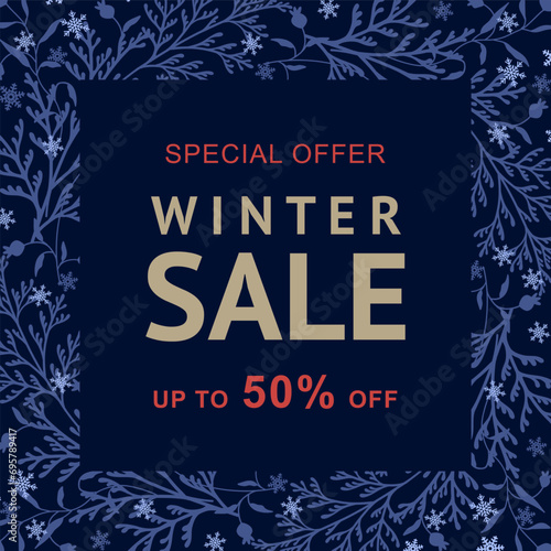 Christmas Winter Sale square template. Holiday minimal vector illustration for banner design, web ads, social media post, greeting card, flyer 