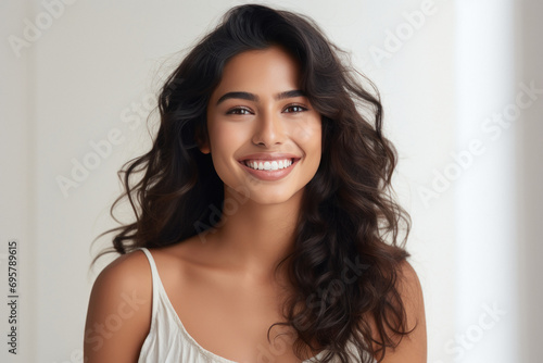 Young and beautiful indian woman smiling on white background.