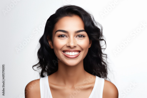 Young and beautiful indian woman smiling on white background.