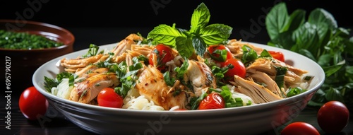 chicken salad with tomatoes, onions and chicken, in the style of light gray and emerald, crisp and clean look