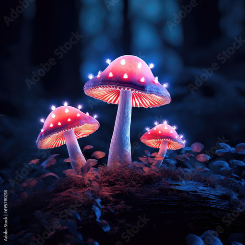 Glowing mushrooms in forest at twilight fantasy style