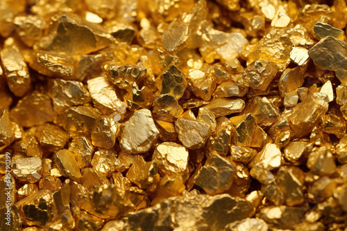 Closeup A pile miniature a lot of golden ore texture background. Generative AI
