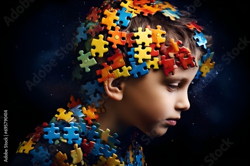 World Autism Awareness Day Concept: Child's head amid multicolored puzzles—a high-contrast symbol of unique interconnectedness. © Sayuri