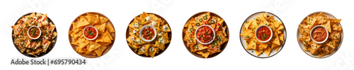 collection set a plate of nachos with dipping sauce isolated on a transparent background, top view