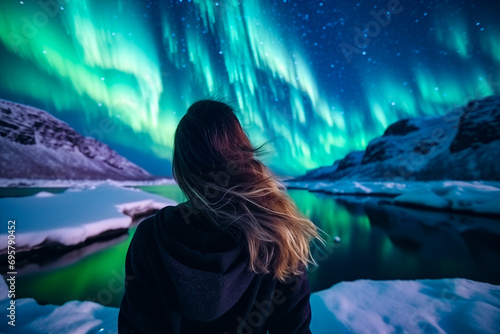 Woman tourist looks aurora northern lights night 