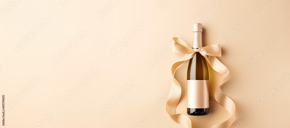 Generative AI, Beige champagne bottle mockup with bow on beige background