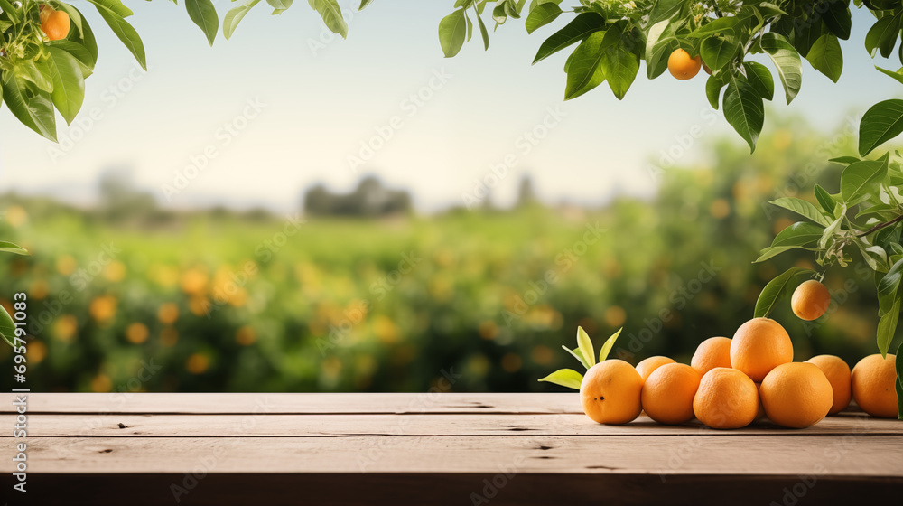 Obraz na płótnie oranges fruits on wooden table with farms views background for products montage, healthy food collection for represent concept of organic fruits, fresh ingredient, food and wellness theme w salonie