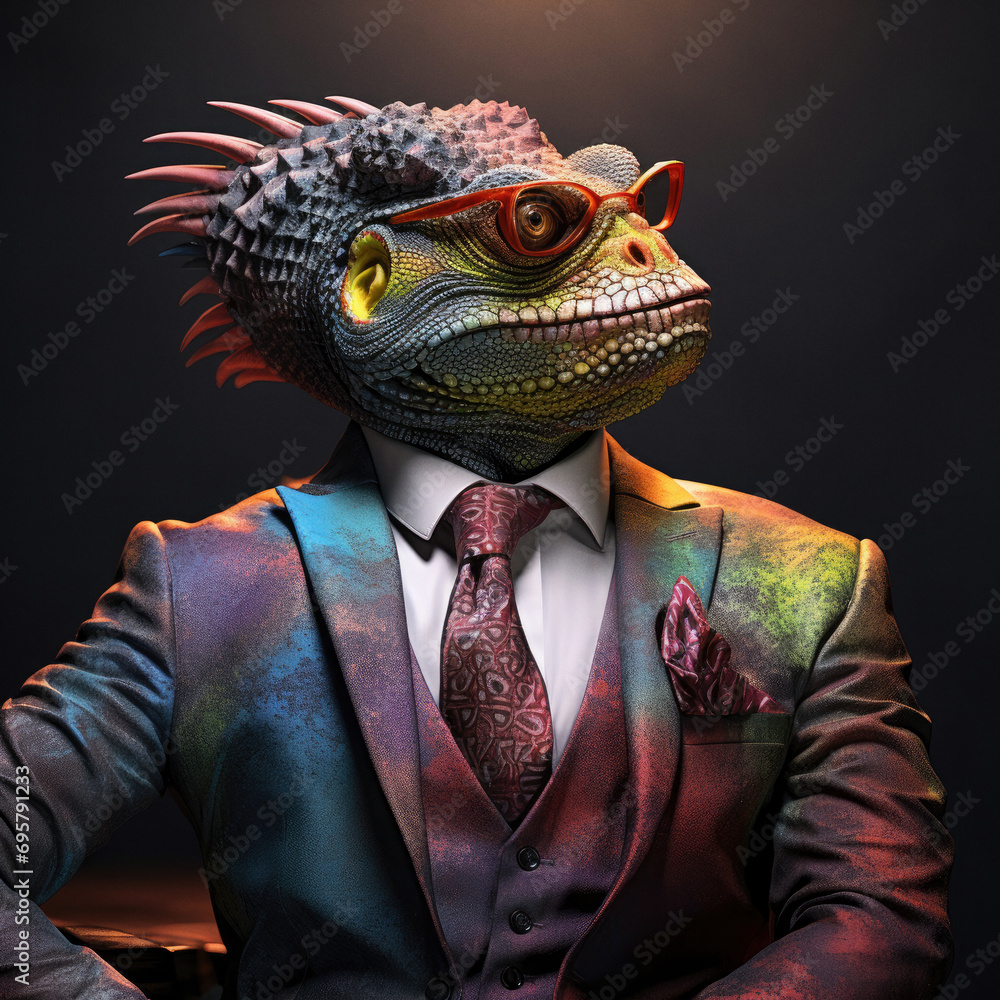 Humanoid lizard wearing fashionable suit and sun glasses