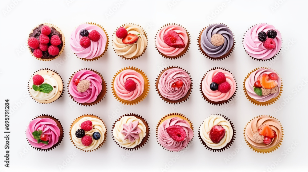 Obraz premium cupcakes decorated with fruits and colorful frosting, top view on white background, collection of delicious food theme