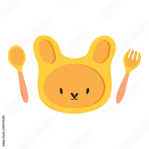 Set of silicone dishes for children vector. Baby tableware set, kids dish in flat style. The concept of the first tableware.
