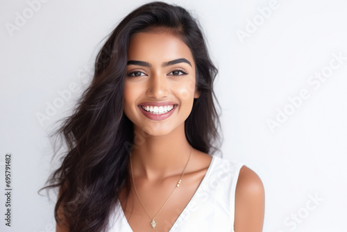 Young and beautiful indian woman smiling on white background.