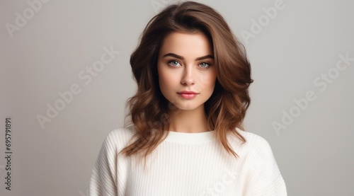 Attractive, young woman stands in a white stylish sweater