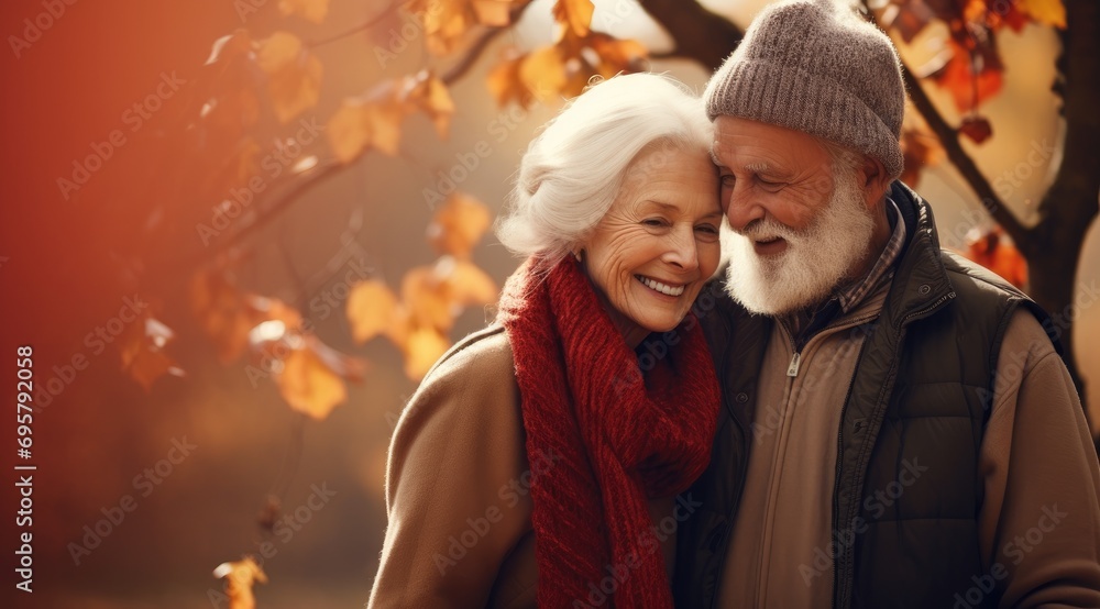 Cute happy senior couple hugging over autumn trees in background.